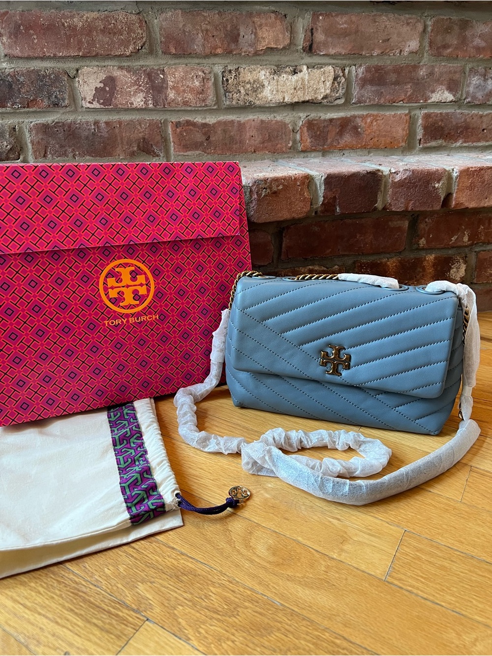 Tory Burch Blue Kira Chevron Small Convertible Shoulder Bag